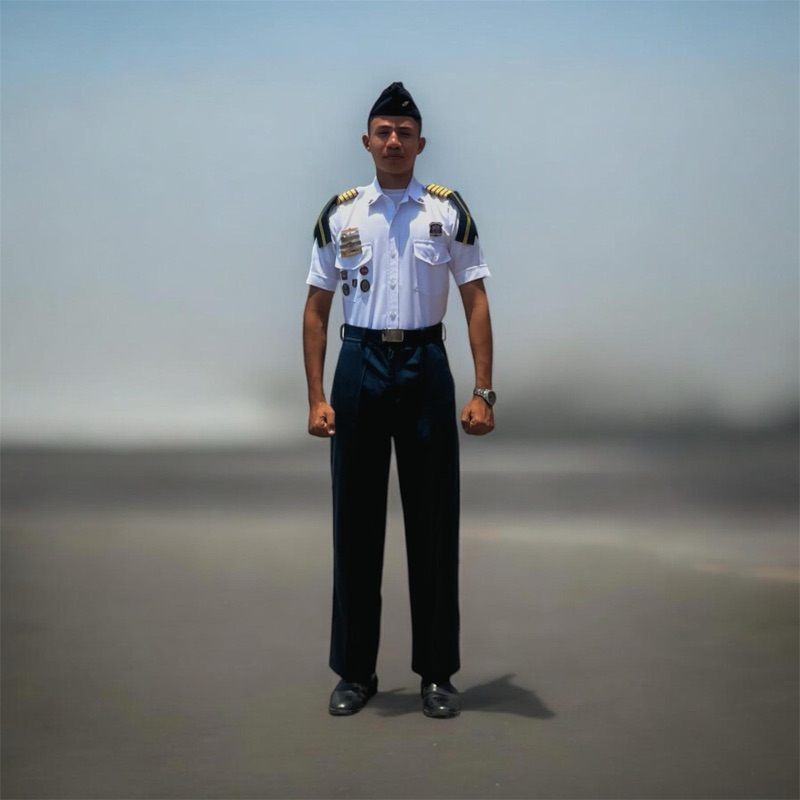 Cadete Limiliber con uniforme de Aula: cristina, camisa blanca con palas e insignias, pantalón azul y brodequines.